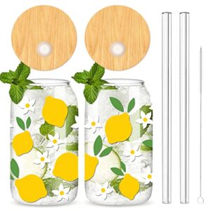 Whaline Copo de copos de margarida limão com tampas de bambu e canudo 473 ml Copo de café gelo de verão copos de lata de cerveja para coquetéis uísque cerveja refrigerante presentes, 2 peças (Cervejas)