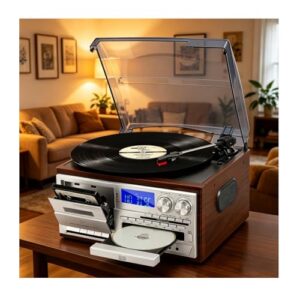 Toca-discos Vintage, Vitrola Multifuncional, Toca-discos de Vinil com Gravador de CD e Fitas Cassete, Rádio FM/AM, Controle Remoto e Alto-falantes Integrados para Áudio Residencial (Discos de Vinil)