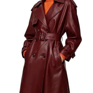 utcoco Casaco trench coat feminino de couro sintético transpassado com cinto de cintura alta longa PU outono inverno agasalho, Vinho tinto, GG (Vinhos)