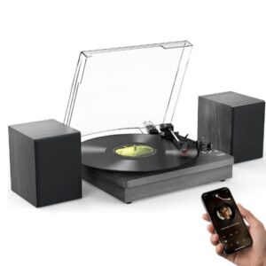 VEDO Toca-Discos Retro Bluetooth, 2 Alto-Falantes Estéreo, 3 Velocidades (33/45/78 RPM) Para Vinil, Conversor LP/MP3 via USB, Saída RCA, Design Retrô Em Madeira Preta, Escolha Amantes Música (Equipamentos)