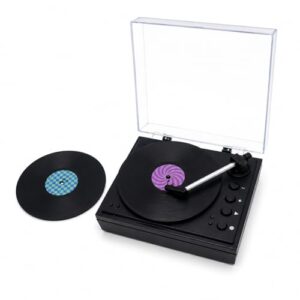 Mini toca-discos com função de gravação, dispositivo de presente de música retrô, 3 mini discos incluídos, alto-falante embutido, USB-C ou alimentado por bateria, presente novidade para amantes de (Equipamentos)