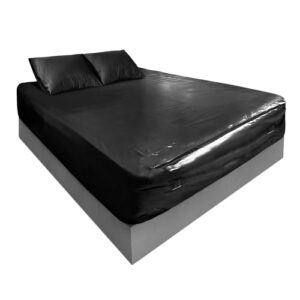 Lençol de vinil impermeável – King 182,88 cm x 203,2 cm | Protetor de colchão de vinil premium de 0,3 mm | Base antiderrapante com fundo flocado | Preto | Bolso profundo de 40 cm | Bolsos laterais e (Discos de Vinil)