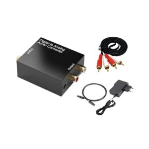 Conversor de Áudio Digital para Analógico Óptico Toslink e Coaxial p/RCA Estéreo + Fonte de Alimentação + Cabo de Áudio 2 RCA | Adaptador Áudio Digital Analógico Acessório Eletrônico (Equipamentos)