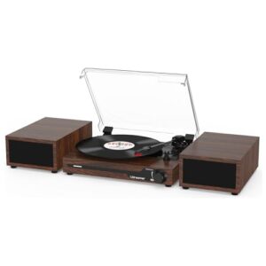 Toca-discos de vinil com alto-falantes externos BT 5.3 toca-discos sem fio portátil com USB de 3 velocidades vintage café de madeira (Equipamentos)
