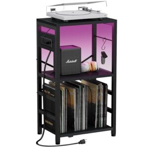 YAKANJ Mesa de canto com luz LED, suporte para toca-discos com estação de carregamento, armazenamento de discos de vinil, suporte de toca-discos, armazenamento de álbuns para sala de música, estúdio, (Equipamentos)