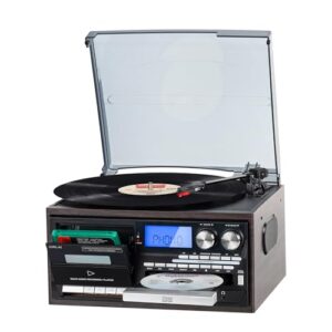 Toca-discos Bluetooth 9 em 1 com inspiração vintage com estéreo rico, rádio AM/FM, CD e cassete, reprodução de mídia USB/SD, controle remoto, entrada auxiliar, saída RCA e conector de fone de ouvido (Equipamentos)