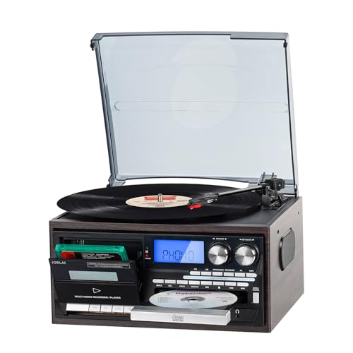 Toca-discos Bluetooth 9 em 1 com inspiração vintage com estéreo rico, rádio AM/FM, CD e cassete, reprodução de mídia USB/SD, controle remoto, entrada auxiliar, saída RCA e conector de fone de ouvido (Equipamentos)