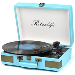 Retrolife Reprodutor de discos portátil Bluetooth de 3 velocidades, mala, toca-discos com alto-falantes embutidos, áudio aprimorado, couro PU, vintage, branco (Equipamentos)