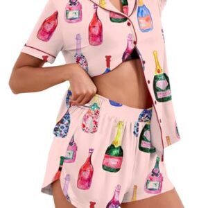 AKEWEI Conjunto de pijama feminino com botão de manga curta e short de duas peças, Estampa de garrafa de vinho rosa, XGG (Vinhos)