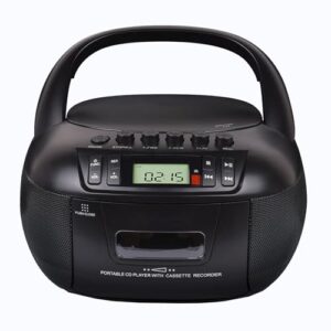 Caixa de CD Boombox portátil, leitor de CD com BT, rádio AM/FM, AUX, drive USB, gravação em fita, conector de fone de ouvido, visor LCD e som estéreo, inclui controle remoto para uso doméstico, preto (Equipamentos)