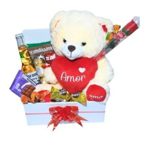 Cesta Namorados Premium Urso Pelúcia, Corona, Mi.l..k.a, Ferrero e Rosa (Cervejas)