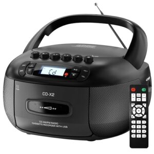 Kuephom Boombox de CD Player com leitor de cassete: caixa de CD portátil com Bluetooth, FM/AM, gravador de fita e controle remoto - leitor de CD/MP3/USB com temporizador de suspensão - CA/bateria para (Equipamentos)