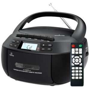 Combo de leitor de CD Player Boombox com BT, rádio AM/FM, som estéreo com controle remoto, unidade AUX/USB, gravação em fita, alimentação AC/DC, conector de fone de ouvido, visor LCD para casa (CDs)