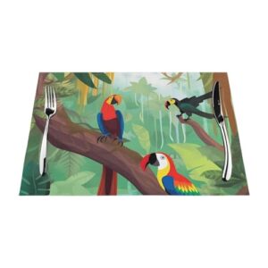 Jogo americano de arara e tucano das florestas tropicais, conjunto de 6 peças, tapetes antiderrapantes resistentes ao calor para mesa de jantar, tapete de mesa lavável em tecido de PVC limpável, jogo (Café)
