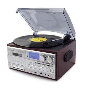 Toca-discos Bluetooth vintage, toca-discos de 3 velocidades com alto-falantes integrados e CD/cassete, reprodução digital USB/SD, rádio FM/AM, entrada AUX, controle remoto, entretenimento (Equipamentos)