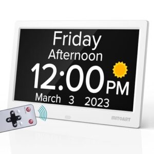 Mitoart Digital Calendar Day Alarm Clock, 10-Inch Dementia Clock with 8 Alarms, Remote Control and One-Touch Help Button, Great Gift for Seniors, Alzheimer's Patients and Impaired Vision (White). (CDs)