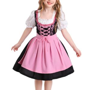 FYMNSI Kids Girls Oktoberfest Dress Traditional Bavarian Oktoberfest Costume Toddler Ruffle Dirndl Dress With Maid Apron 2PCS German Beer Festival Outfits Halloween Dress Up Clothes Pink 10-12T (Cervejas)