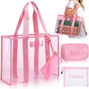 Cosblank 3 Pcs Empty Mahjong Tile Bags Pink Clear PVC Tote Organizer with Zipper for 166 American Tiles, Portable Mahjong Accessories with Mat Holder for Racks, Pushers & Mat Holder, Case Only (Discos de Vinil)