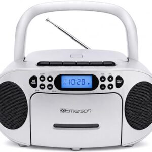 Emerson Boombox portátil de CD Player com conjunto de leitor de cassete, gravador, rádio AM/FM, AUX, conector de fone de ouvido, alto-falantes duplos, AC/DC e operado por bateria – Sistema estéreo (CDs)