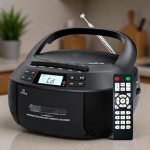 Combo leitor de CD Player, gravador de fita cassete AM/FM portátil com USB/AUX, reprodução de som estéreo, controle remoto, leitor de música pessoal para desfrutar de música e reuniões, preto (Equipamentos)