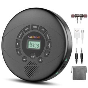 Kuephom Leitor de CD portátil recarregável com alto-falante e fones de ouvido, Walkman Discman com anti-salto, CD-R, MP3, USB Playable, conectividade AUX, adequado para carro e uso pessoal, preto (Equipamentos)