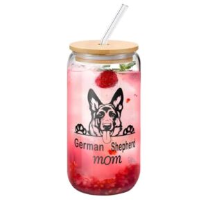 Fenmshairy Copo de vidro para mãe pastor alemão 473 ml com tampa de bambu e canudos, copo de vidro de cerveja de café gelado, presente de aniversário de Natal para mãe, avó, esposa, amante de cães (Cervejas)