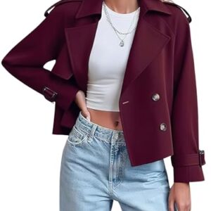 ebossy Casaco feminino transpassado curto transpassado lapela solto à prova de vento com bolsos, Vinho tinto, GG (Vinhos)