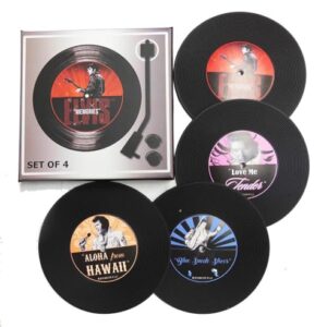 Midsouth Products - Conjunto de 4 porta-copos de vinil Elvis Presley - Antiderrapante Licenciado Colecionável - Com Memórias, Sapatos de Camurça Azul, Aloha do Havaí e Love Me Tender (Discos de Vinil)