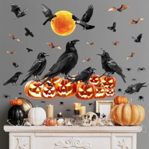 Adesivos de parede Black Crow Halloween Moon Bats Decalques de parede removíveis Tema de Halloween Decoração Pequenas Aranhas Adesivos Descasque e cole Corvo de Abóbora Decalque para Quarto de Criança (Discos de Vinil)