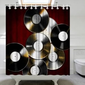 Cortina de chuveiro com disco de vinil, tema de música retrô, fundo vermelho, decoração de banheiro (Discos de Vinil)
