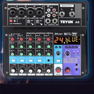 TE-YUN Mesa de Som Profissional 6 Canais | Mixer de Áudio com Bluetooth 5.0, USB, Entrada FX e 48V Phantom Power | Compatível com PC, Microfone, Instrumentos, Estúdio (Equipamentos)