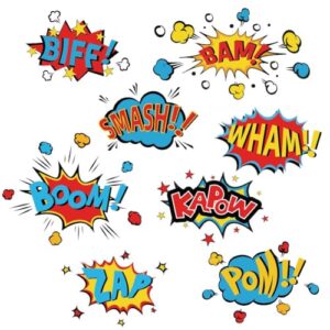 SUPERDANT Adesivos de parede com palavras de quadrinhos de super-herói, Biff Kapow Boom Smash Wham, adesivo de parede com texto para decoração de parede de quarto temático (Discos de Vinil)