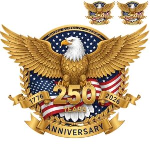 Adesivo decalque de janela de carro 250º aniversário dos EUA, 1776-2026 Independence Day Patriot Eagle com bandeira americana, decalque de vinil para laptop de carro, caminhão, pacote com 2 (2) (Discos de Vinil)