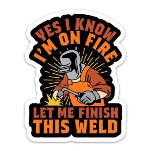 (3 peças) Yes I Know I'm On Fire Let Me Finish This Weld, Adesivos de vinil à prova d'água de soldador para capô de soldagem, decalques de colarinho azul para capacete, caixa de ferramentas, laptop, (Discos de Vinil)