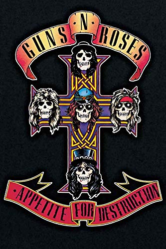 Buyartforless Pôster de arte musical Guns n Roses - Appetite for Destruction 1987 91 x 61 cm, preto, vermelho, roxo, amarelo, branco (Discos de Vinil)