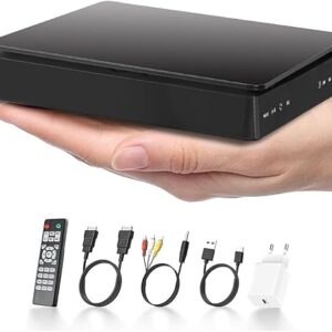 Mini Leitor de DVD HD - Dvd Player, Compatível com DVD/VCD/CD/MP3/MP4/WMA/AVI, Saída HDMI 1080p e Porta USB, Não Suporta Blu-ray/CD-ROM/DVD-ROM, Fonte DC-5V-2A, 15x151x3 cm (CDs)