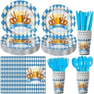Conjunto de pratos e guardanapos de festa da Oktoberfest, decorações de artigos de festa Oktoberfest, pratos de papel descartáveis azul e branco para cheque de bandeira azul e branca, copos para festa alemã do festival de cerveja Oktoberfest (Cervejas)