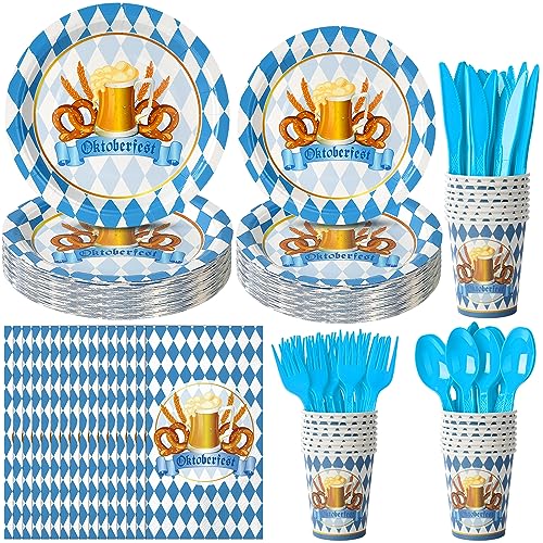 Conjunto de pratos e guardanapos de festa da Oktoberfest, decorações de artigos de festa Oktoberfest, pratos de papel descartáveis azul e branco para cheque de bandeira azul e branca, copos para festa alemã do festival de cerveja Oktoberfest (Cervejas)