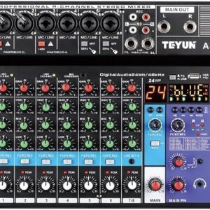 TEYUN Mixer de Áudio Profissional A8, 8 Canais, Bluetooth, USB, Phantom Power 48V, Placa de Som Digital, Ideal para Gravação Transmissão ao Vivo Podcast e Produção Musical em Casa 7/6/5/4/3 corredor (Equipamentos)