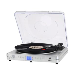 Leitor de discos de vinil com Bluetooth USB SD Playback 3 velocidades, toca-discos de correia embutidos, alto-falantes estéreo RCA, saída de linha, visor de LED, prata (Equipamentos)