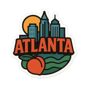 Adesivo de vinil paisagem urbana de Atlanta - horizonte urbano com design pêssego - impermeável e durável (7 cm x 7 cm) (Discos de Vinil)