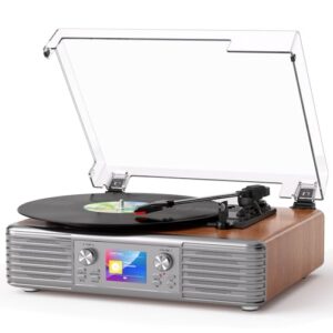 Toca-discos de vinil vintage com alto-falantes estéreo, toca-discos Bluetooth com acionamento por correia de 3 velocidades, gravação USB para PC, visor LCD, parada automática, saída de linha RCA, AUX (Equipamentos)