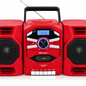Emerson Leitor de CD portátil com leitor de cassete, gravador, rádio AM/FM, entrada AUX, alto-falantes destacáveis, AC/DC e operado por bateria – Sistema estéreo para uso doméstico, viagens, uso (CDs)