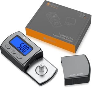 Neoteck Medidor de força Stylus para toca-discos digital, 0,01 g/5,00 g com luz de fundo LCD azul, medidor de pressão Stylus com 5 g de peso e capa de couro, rastreamento preciso para cartucho Phono (Equipamentos)