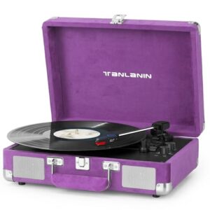 TANLANIN Toca-discos de vinil de veludo roxo com alto-falantes embutidos, entrada Bluetooth, controle de graves e agudos, toca-discos com acionamento por correia de 3 velocidades com parada automática (Equipamentos)