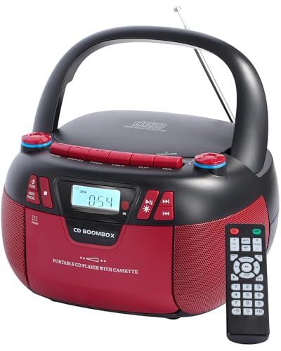 Leitor de CD Boombox com Bluetooth e leitor de cassete | Rádio AM/FM, entrada MP3/USB/AUX, sistema de som estéreo com gravador, AC e alimentado por bateria para casa e exterior (Equipamentos)