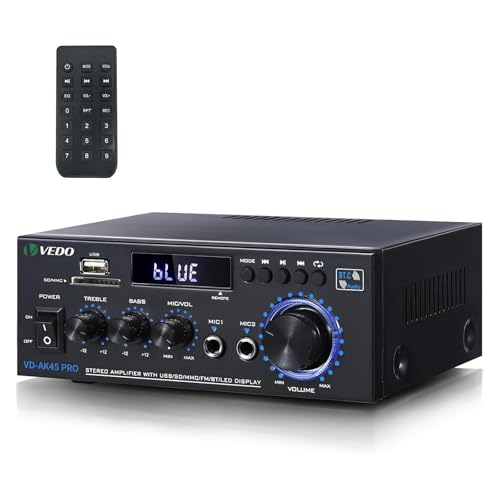 Amplificador de áudio estéreo AK45 pro, sistema de amplificador de potência Bluetooth 5.0 sem fio de 2 canais de 300 W para uso doméstico, domésticos, rádio FM USB cartão SD controle remoto (Equipamentos)