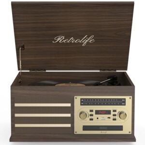 Retrolife® Toca-discos de vinil 10 em 1 toca-discos de música com alto-falantes integrados 3 velocidades BT sem fio entrada/saída rádio AM/FM CD Cassette Player AUX RCA parada automática de gravação (Equipamentos)