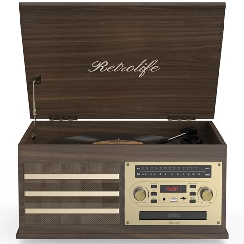 Retrolife® Toca-discos de vinil 10 em 1 toca-discos de música com alto-falantes integrados 3 velocidades BT sem fio entrada/saída rádio AM/FM CD Cassette Player AUX RCA parada automática de gravação (Equipamentos)
