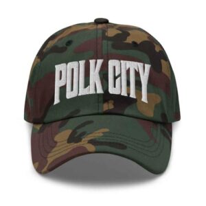 Merch Town Boné de beisebol Polk City Chapéu de pai de Polk City Florida FL bordado lembrança, Camuflagem verde, Tamanho Único (Equipamentos)